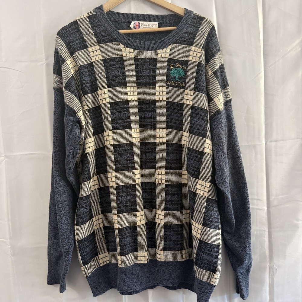 Vtg Slazenger Mens Sweater Blue Plaid El Paso Country Club Golf XXL Old Money